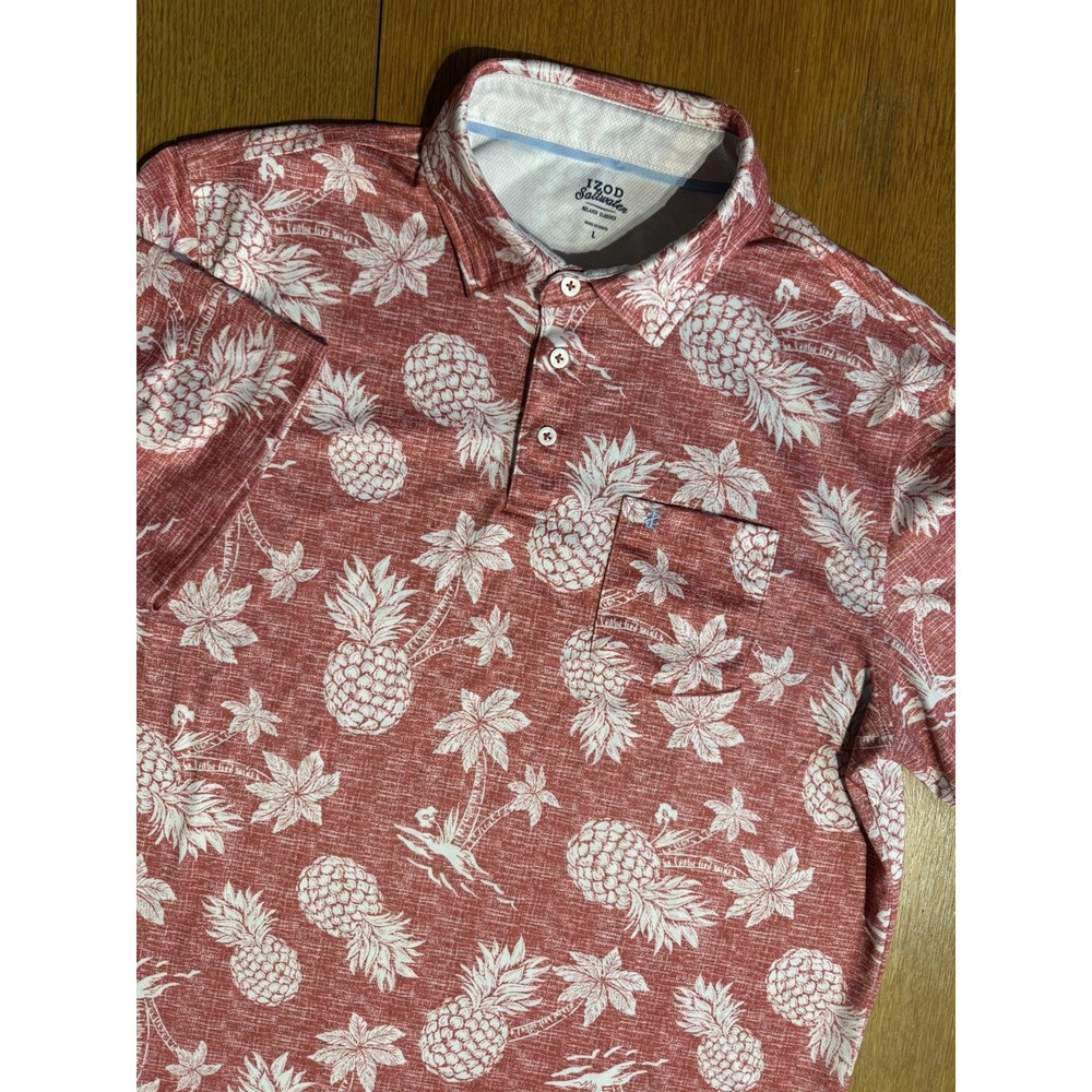 Mens Izod Saltwater Relaxed Classics Short Sleeve Pink Leafy Print Polo Shirt L